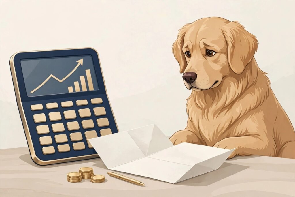 Concerned golden retriever looking at a pet insurance renewal letter with a calculator showing rising prices
