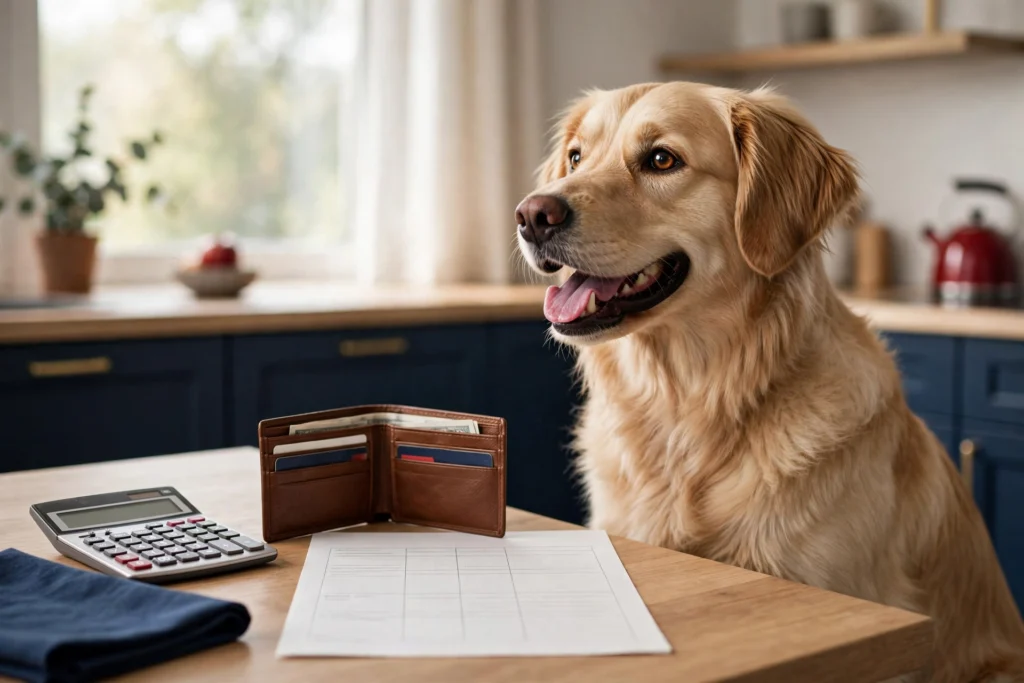 Dog with calculator and piggy bank — monthly dog cost breakdown 2026