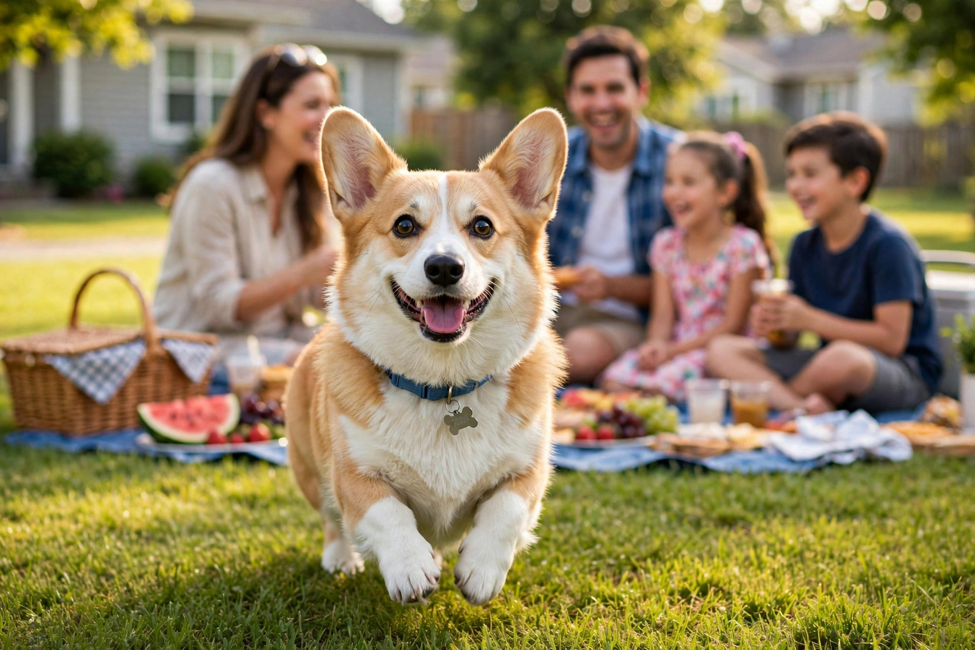 Happy corgi running toward the camera while a family picnics on a sunny lawn