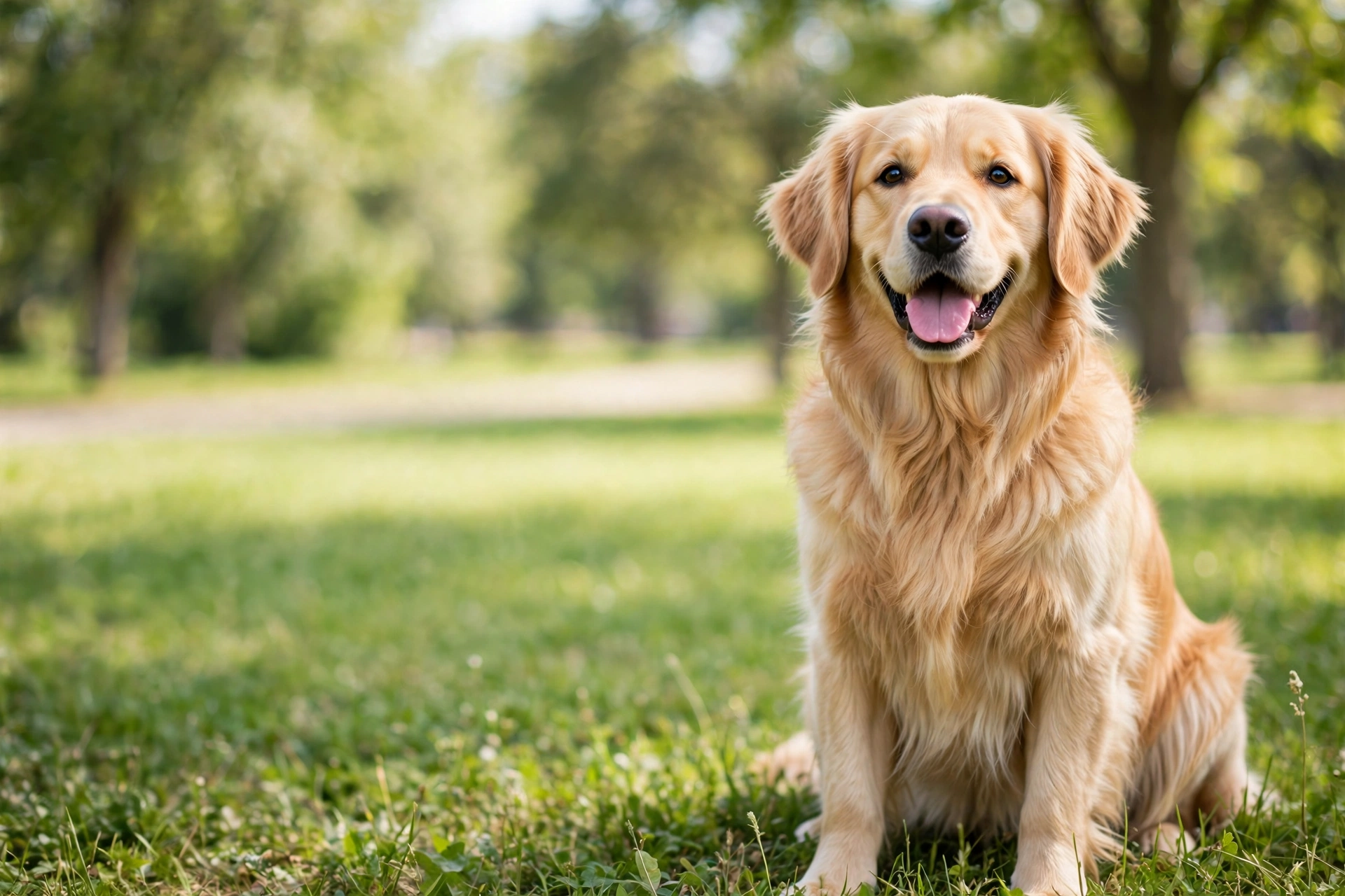 Happy golden retriever smiling in a sunny park